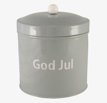 Bild av elegant grå plåtburk med julmotiv och knopp