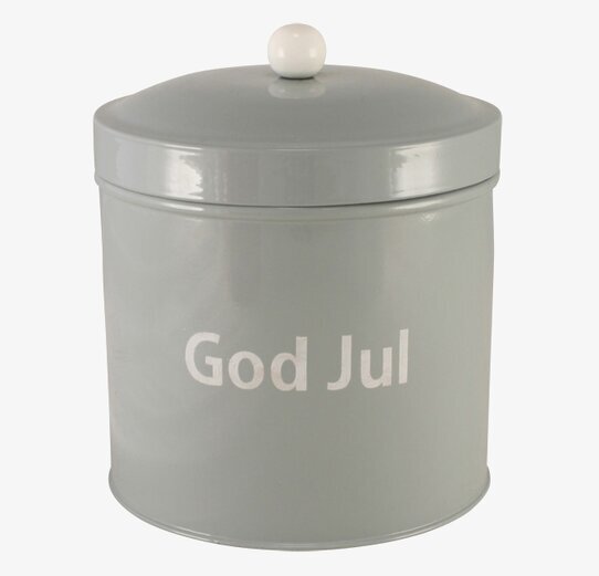 Bild av elegant grå plåtburk med julmotiv och knopp