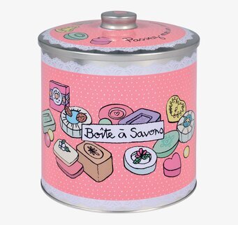 Bild av färgglad plåtburk med tvålar och lekfull design