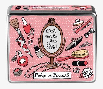 Bild av fyrkantig plåtburk med skönhetsillustrationer