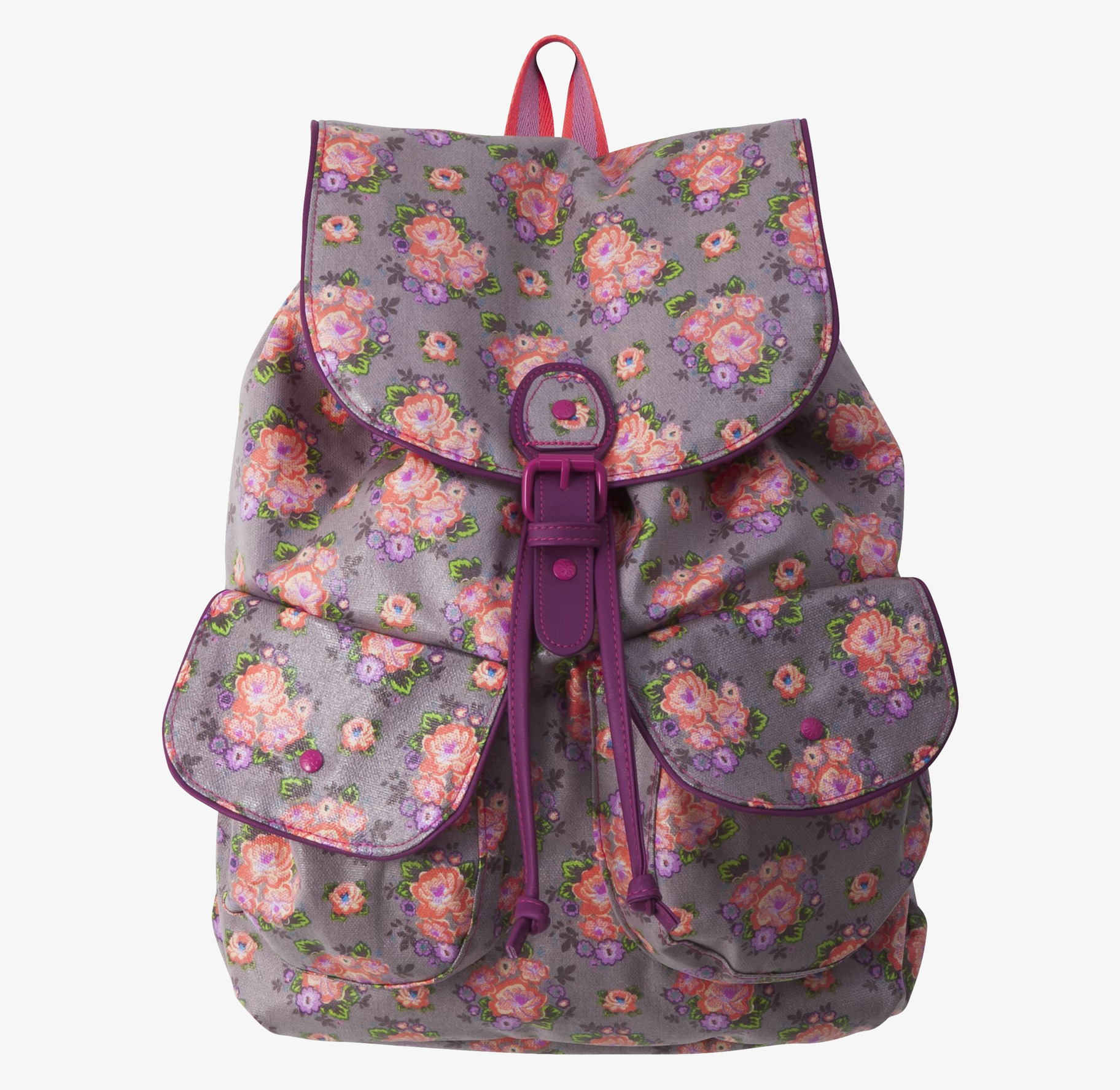 Bild på färgglad ryggsäck med blommönster och fickor