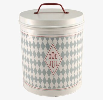 Bild av klassisk plåtburk med juldesign och harlekinmönster