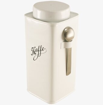 Foto av stilren kaffeburk med sked och tätslutande lock