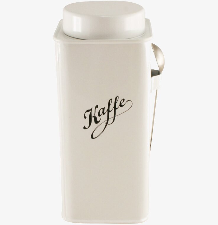 Kaffeburk Med Sked från Strömshaga i vit metall med sked