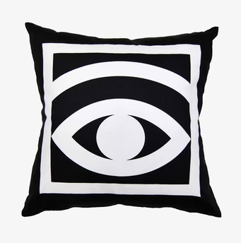 Bild av kuddfodral med stilrent ögonmotiv i svartvitt