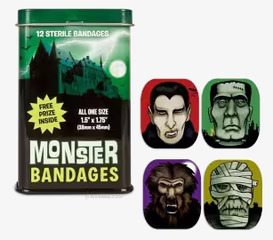 Bild av färgglada monsterplåster med leksak i paket