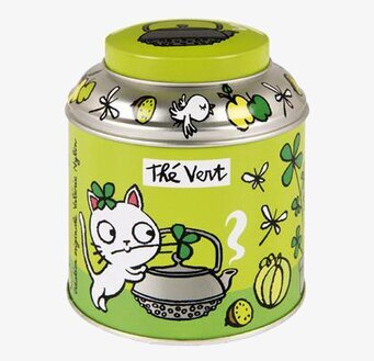 Bild av färgglad plåtburk med kattmotiv och gröna toner