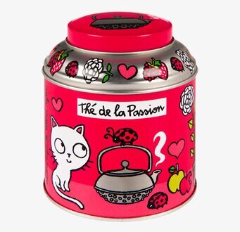 Bild av färgglad plåtburk med kattmotiv och te-design