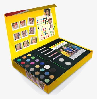 Foto av färgglad presentbox med ansiktsmålningstillbehör