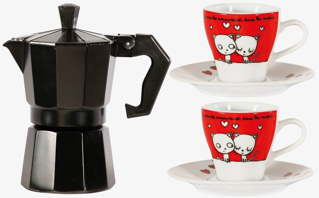 Bild av stilren espressokanna med kattmotiv koppar