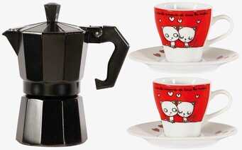 Bild av stilren espressokanna med kattmotiv koppar