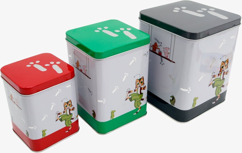 Tre plåtaskar från Pettson och Findus med Findus-motiv