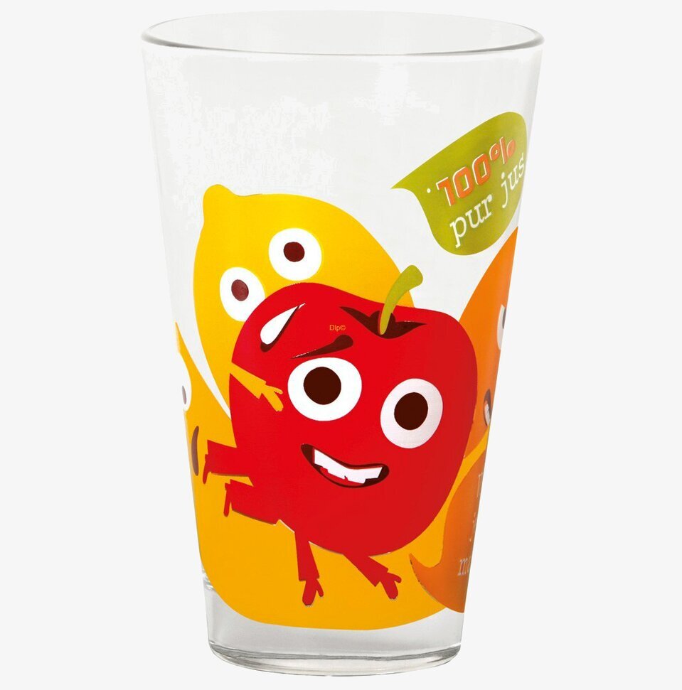 Bild av färgglatt glas med lekfulla fruktillustrationer