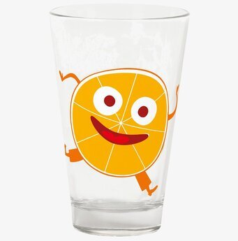 Bild av glas med lekfull apelsindesign och humor