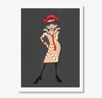 Bild av livfull konsttryck med stiliserad figur