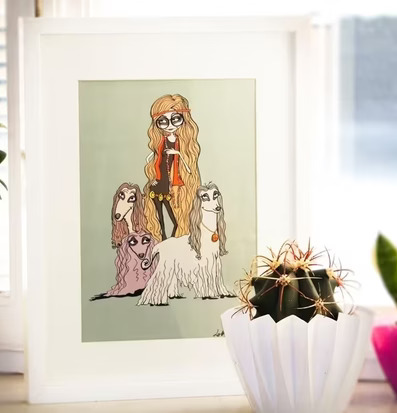 Bild av stiliserad person med hundar och färgglad stil