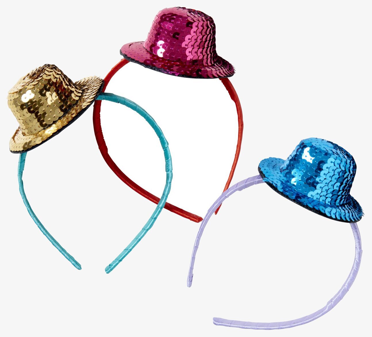 Bild av tre färgglada diadem med paljetter och hattar