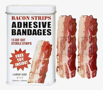 Bild av humoristiska baconplåster med leksak inuti