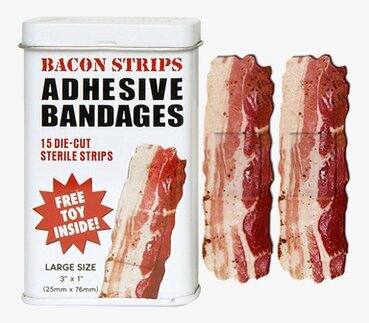 Bild av humoristiska baconplåster med leksak inuti