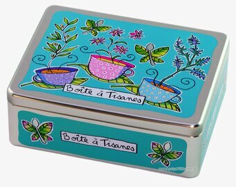 Bild av färgglad och dekorativ plåtburk för te och buljong