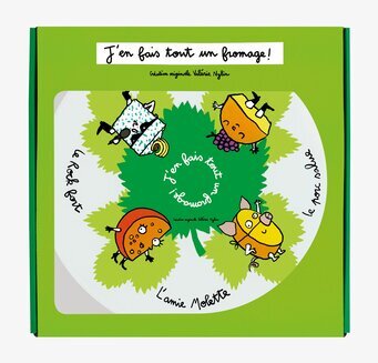 Bild av livfull ostbricka med humoristiska illustrationer
