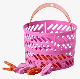 Bild av rosa korg med klädnypor i livliga färger