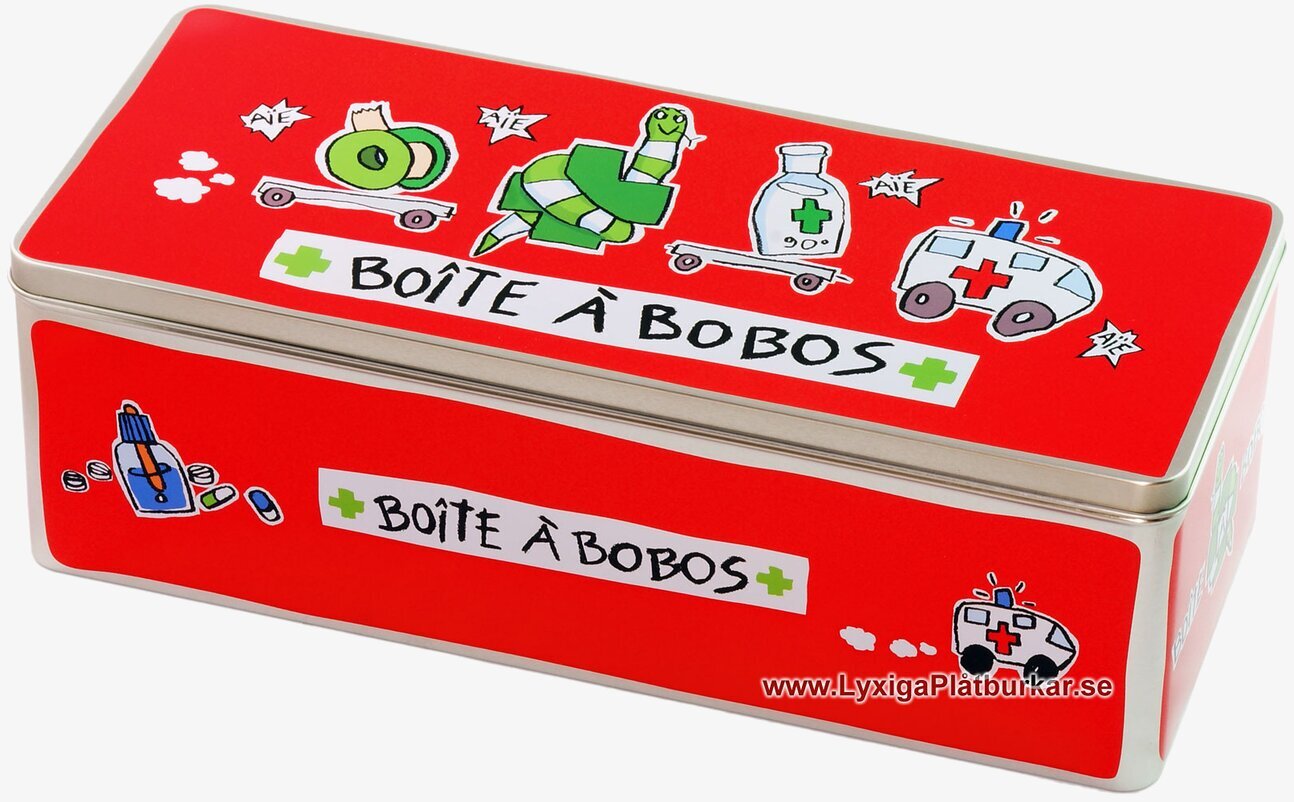 Bild av röd fyrkantig plåtburk med medicinska motiv