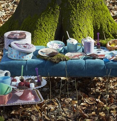 Bild av idyllisk fika i skogen med färgglada detaljer