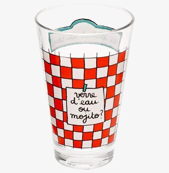 Bild av glas med rutigt mönster och text på franska