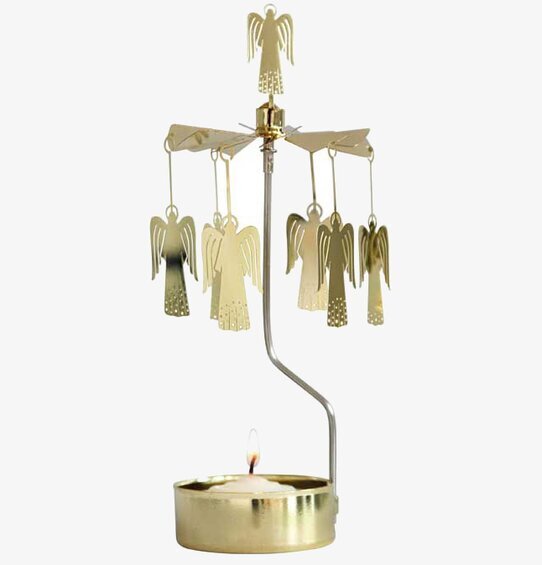 Bild av ett snurrande ljusspel i guld med änglar