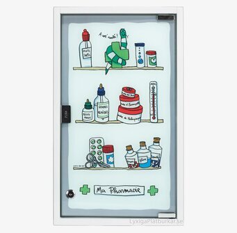 Bild av ett stilrent medicinskåp med humoristiska detaljer