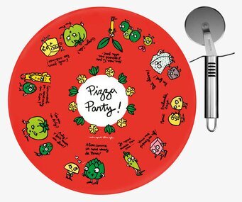 Bild av färgglad pizzatallrik med humoristiska motiv