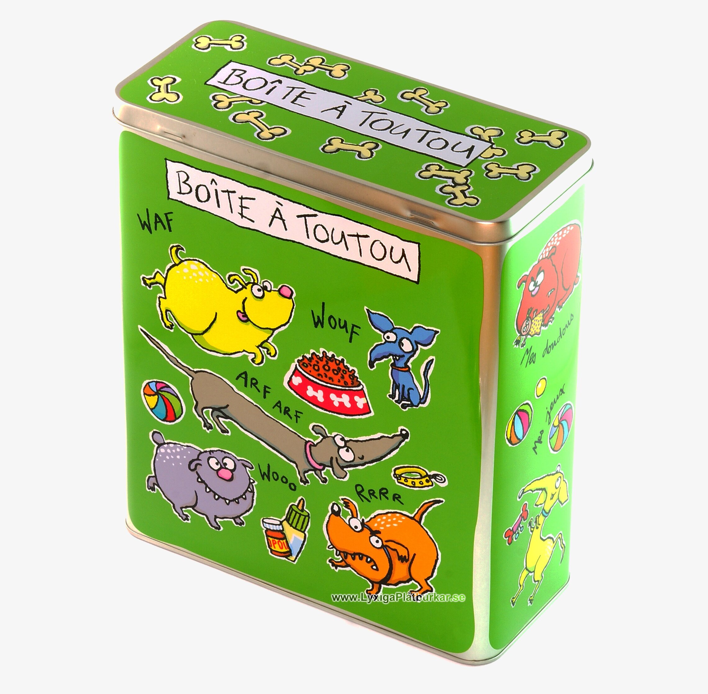 Plåtburk Hundsaker grön från Derriére la porte på vit yta