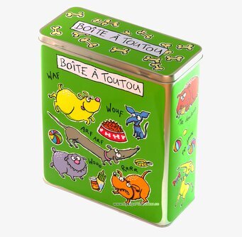 Bild av grön plåtburk med lekfullt hundtema