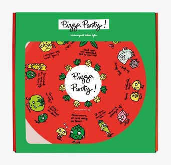 Bild av färgglad pizzatallrik med humoristiska figurer