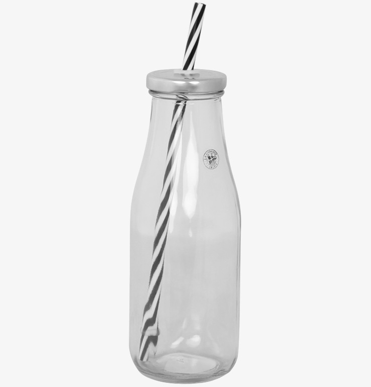 Bild av glasflaska med metallock och randigt sugrör