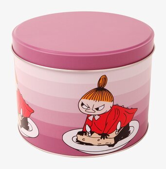 Bild av rosa plåtburk med Lilla My-motiv från Mumin