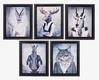 Bild av fem tavlor med djurmotiv i mänskliga kläder