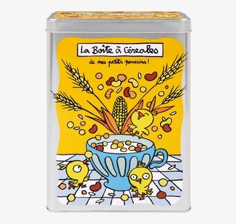 Bild av charmig gul plåtburk med kycklingillustrationer