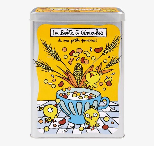 Plåtburk Flingor gul från Derriére la porte med etikett