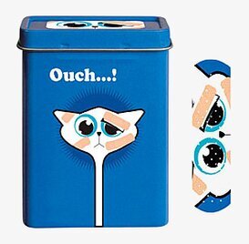 Bild av blå plåsterburk med lekfull kattdesign