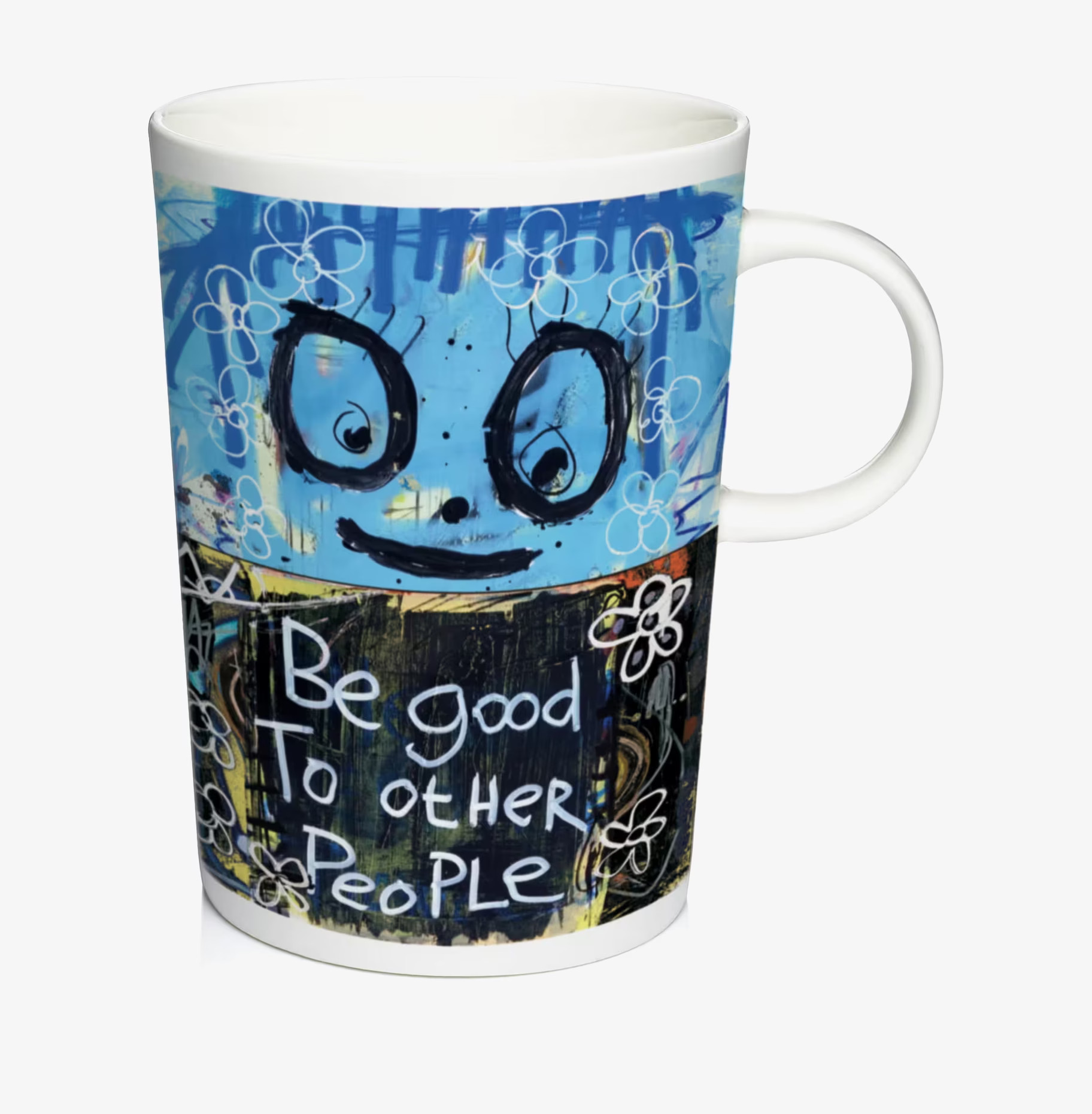 Bild av färgglad mugg med konstnärlig design och budskap
