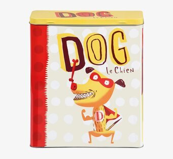 Bild av färgglad plåtburk för hundsaker med lekfull design
