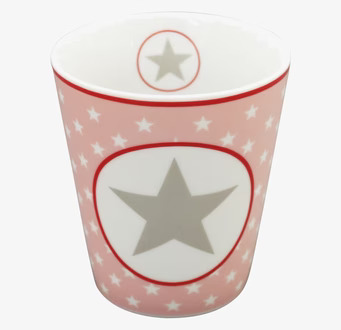 Bild av mugg med rosa och vita stjärnor, grå stjärna