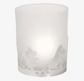 Bild av glaslykta med Mumin-motiv och frostat glas