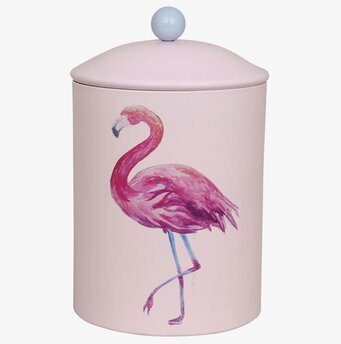 Bild av rosa plåtburk med flamingo i stilren design