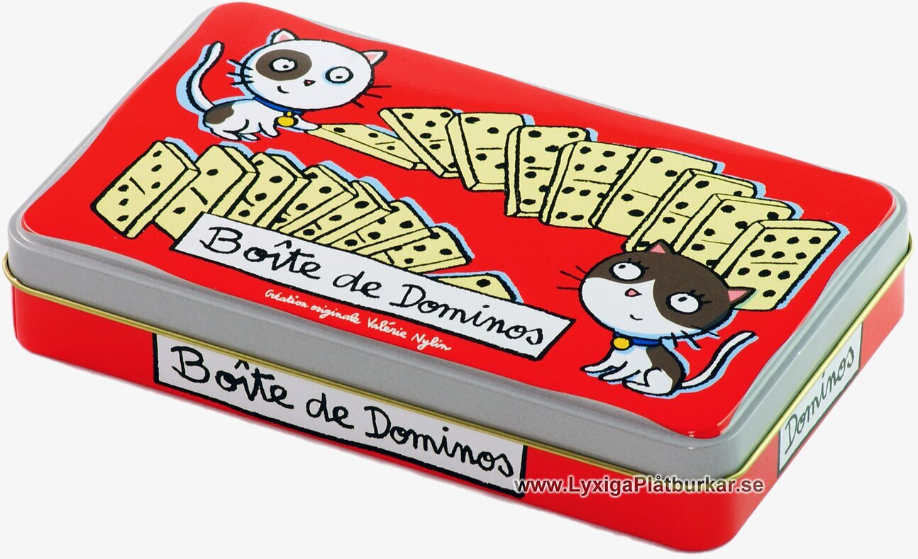 Bild av färgglad plåtburk med katter och dominomotiv