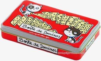 Bild av färgglad plåtburk med katter och dominomotiv