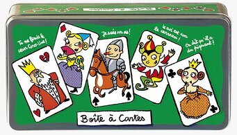 Bild av färgglad plåtlåda med lekfulla spelkortmotiv