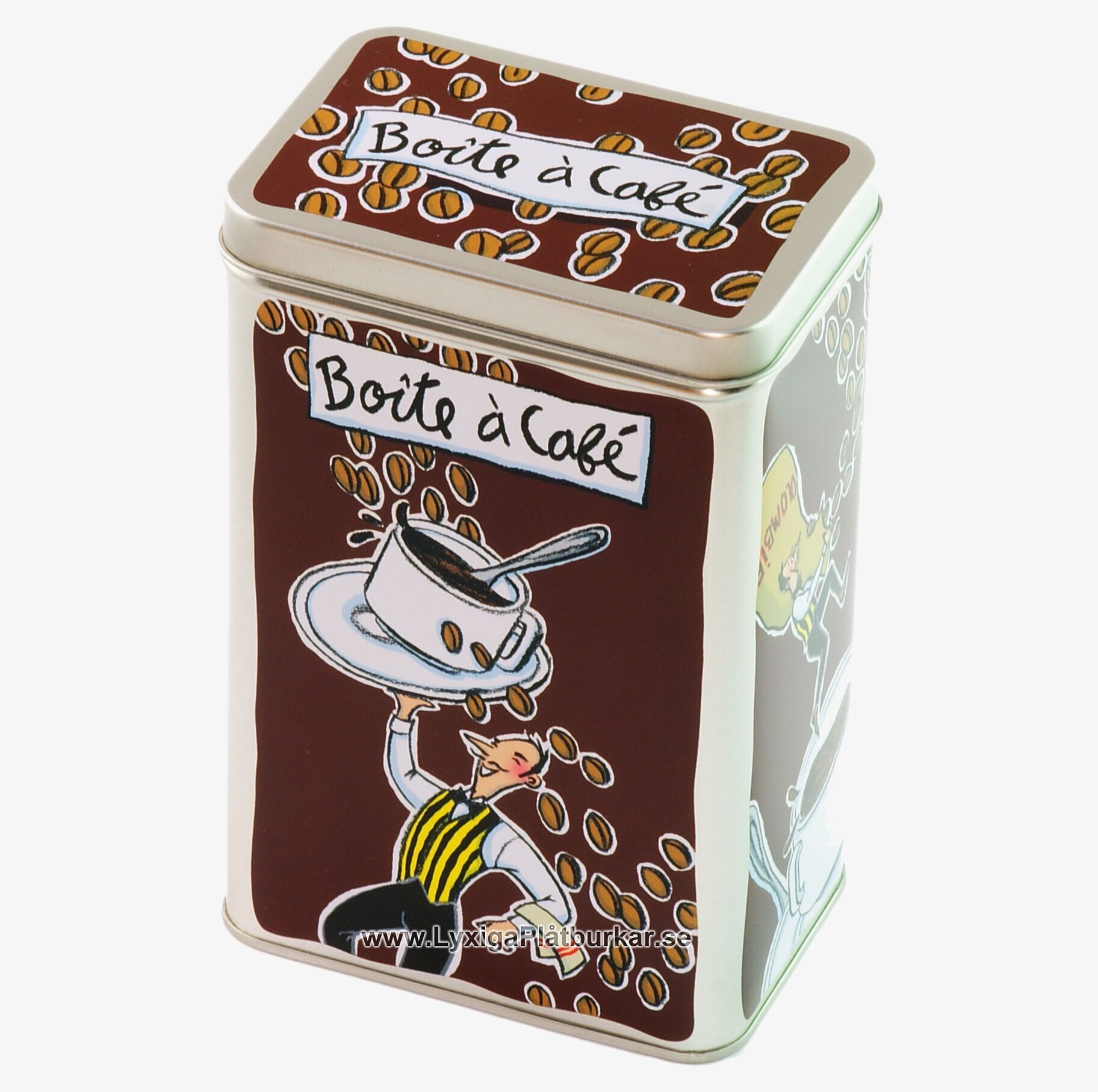 Bild av dekorativ brun plåtburk för kaffe och förvaring